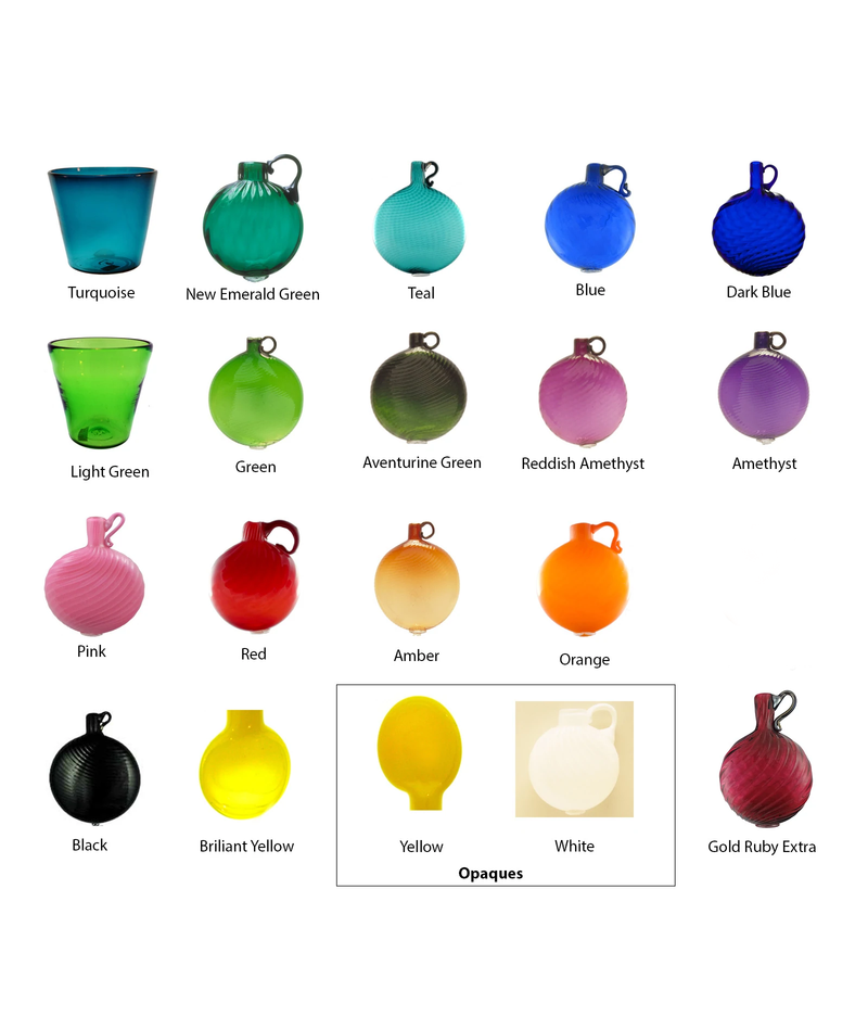 Aaron Color Chart. Top row, left to right: Turquoise, new emerald green, teal, blue, dark blue. Second row, left to right: Light green, green, aventurine green, reddish amethyst, amethyst. Third row, left to right: Pink, red, amber, orange, aurora light. Bottom row, left to right: Black, brilliant yellow, yellow (opaque), white (opaque), gold ruby extra.